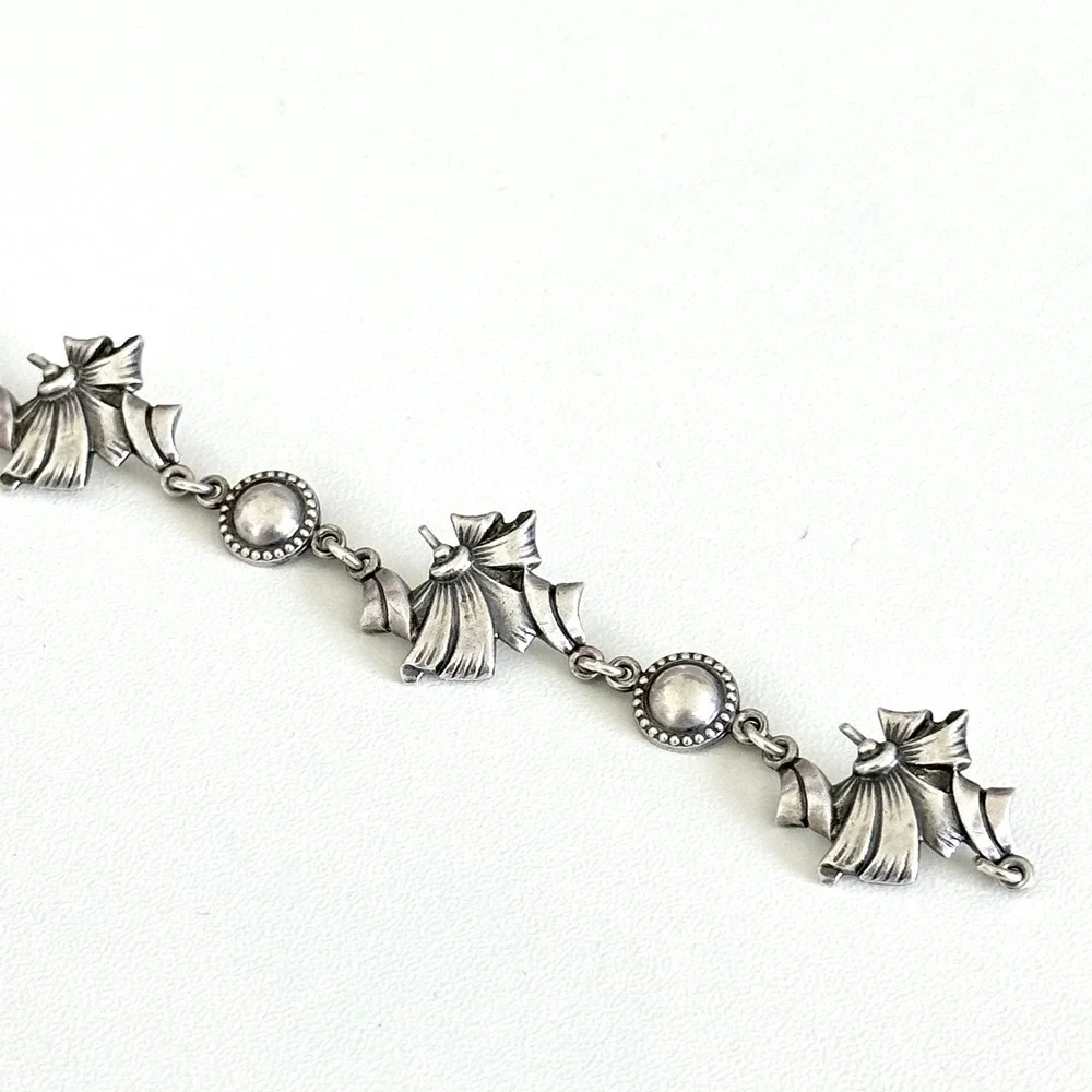 Vintage 925 Sterling Silver Floral Ribbon Design Unique Chain Link Bracelet 7.5
